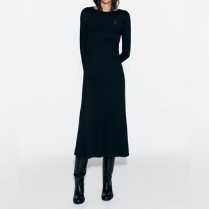 Zara black ribbed long sleeve midi dress